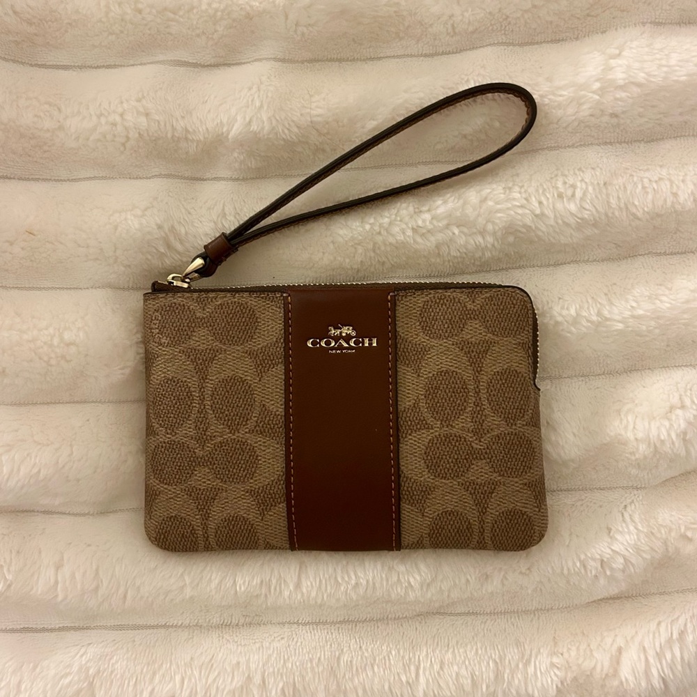 Coach Tan Signature Canvas Wristlet with Brown Leather Stripe